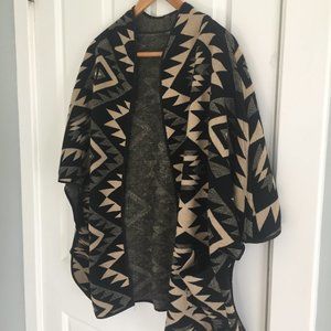 Vintage Aztec Print Open Front Poncho Knit Sweater